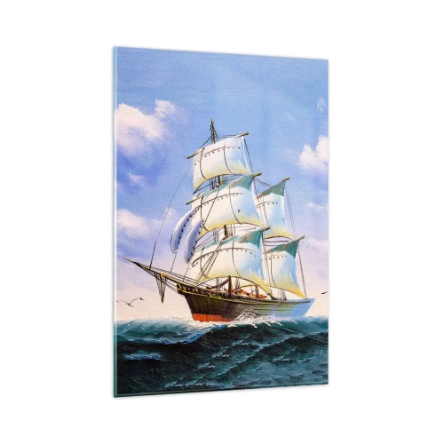Cuadro sobre vidrio - Impresiones sobre Vidrio - Un velero en mar abierto bajo un cielo azul. - 80x120cm - Orgulloso con el viento - Decoración de pared moderna para salón y dormitorio ARTTOR
