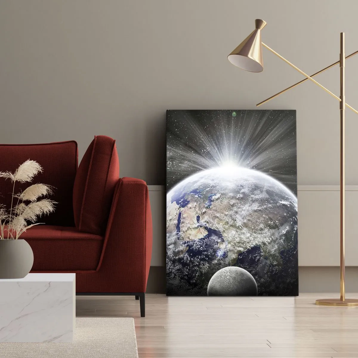 Cuadro sobre lienzo - Impresión de Imagen - La Tierra y la Luna iluminadas por el resplandor del espacio. - 50x70cm - En todo su esplendor - Decoración de pared moderna para salón y dormitorio ARTTOR