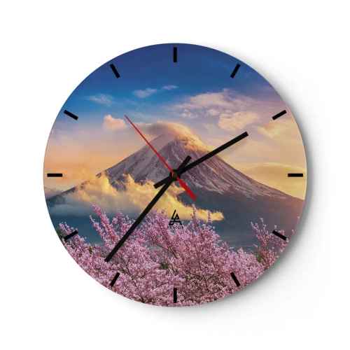 Reloj de pared - Reloj de vidrio - Una montaña entre las nubes con una flor de cerezo en primer plano. - 30x30cm - La santidad japonesa - Decoración de pared moderna para salón, cocina y dormitorio ARTTOR