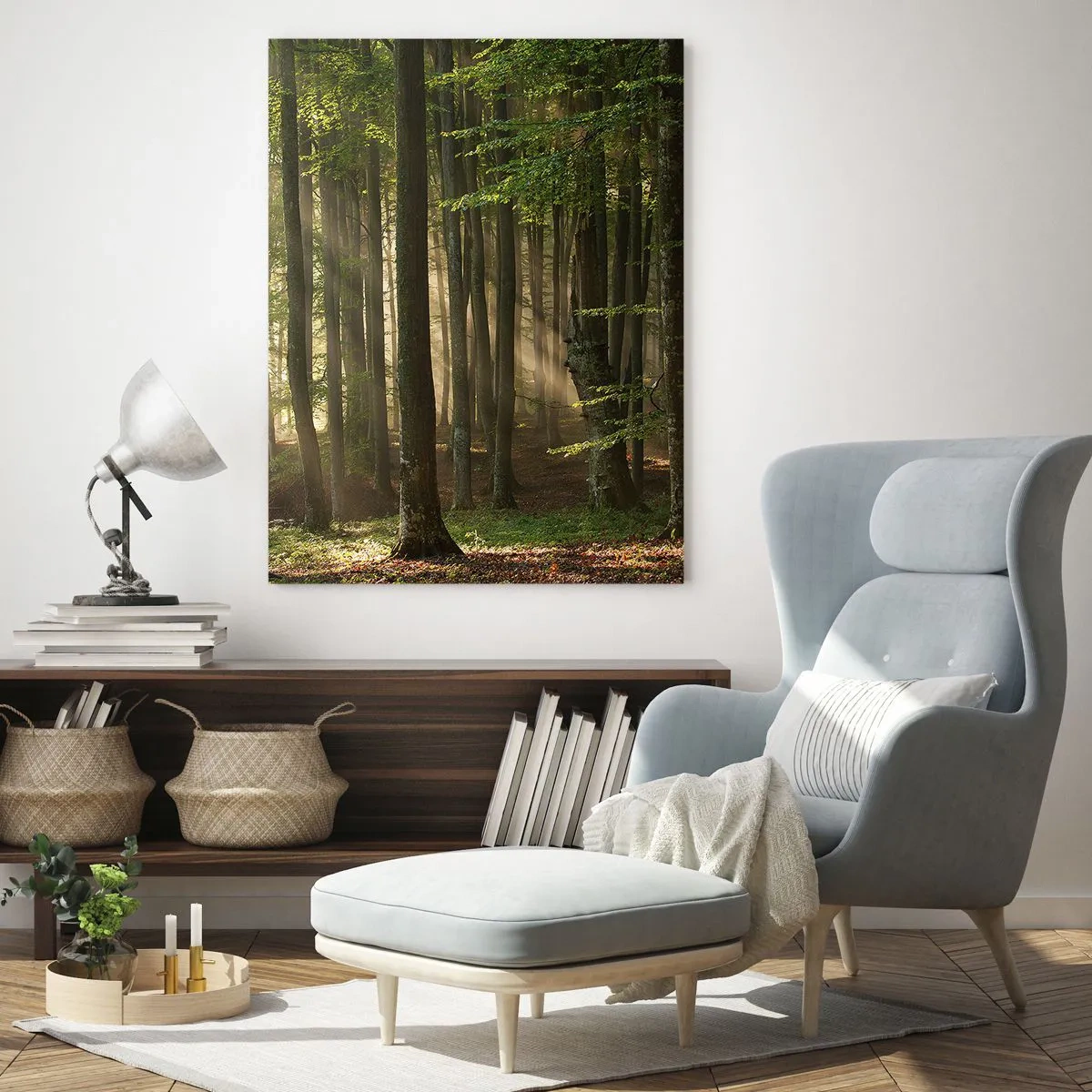 Cuadro sobre vidrio - Impresiones sobre Vidrio - Los rayos del sol penetran a través de los árboles en el bosque. - 70x100cm - Radiante en una mañana de primavera - Decoración de pared moderna para salón y dormitorio ARTTOR