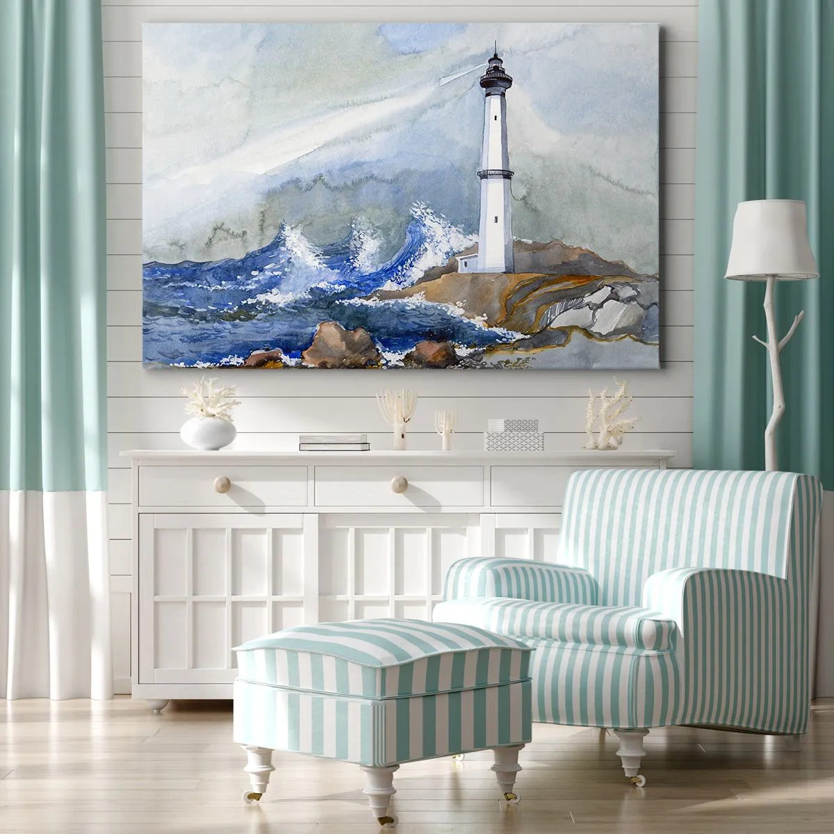 Cuadro sobre lienzo - Impresión de Imagen - Un faro en una costa rocosa con mar agitado. - 70x50cm - Contra la oscuridad y la tormenta - Decoración de pared moderna para salón y dormitorio ARTTOR