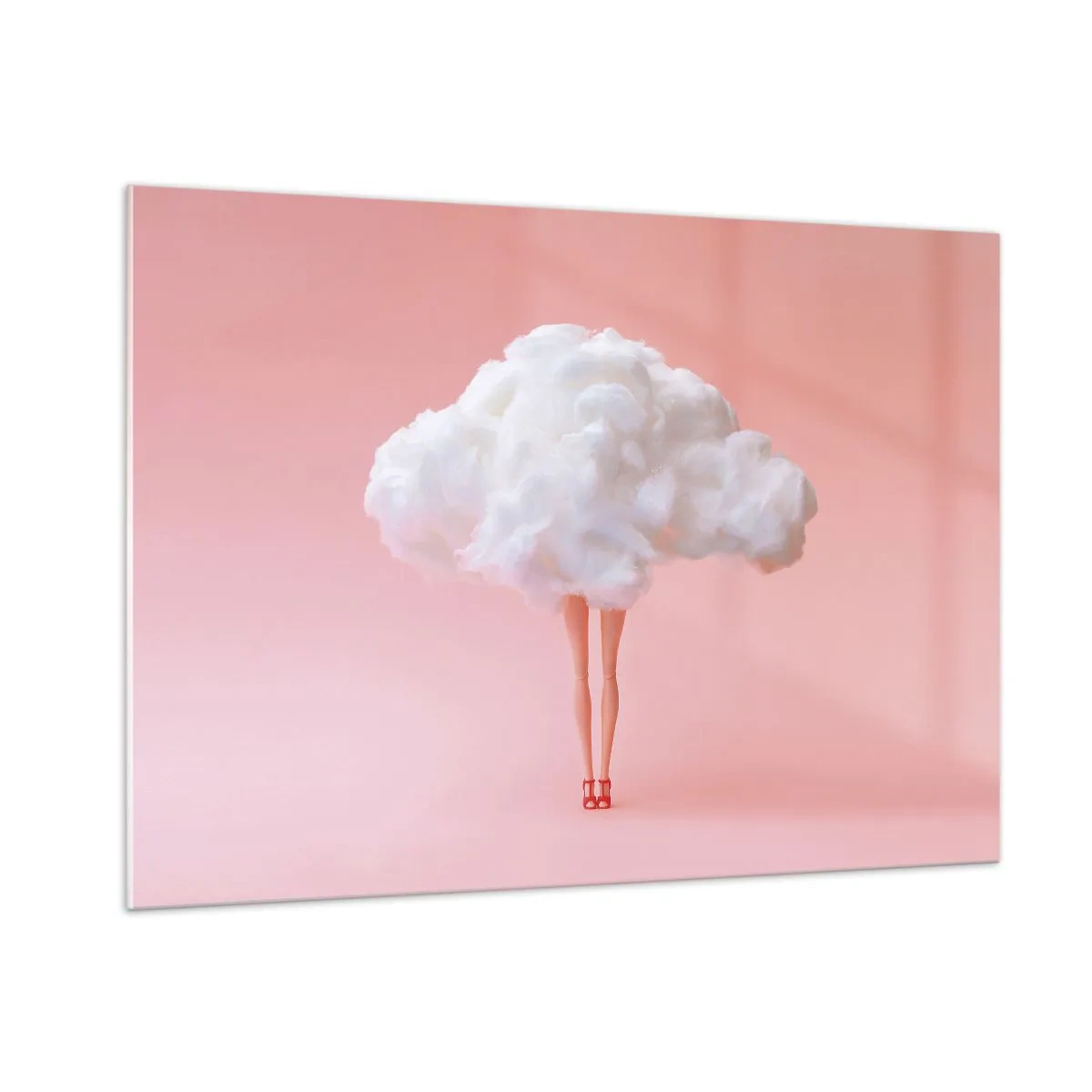 Cuadro sobre vidrio - Impresiones sobre Vidrio - Figura de una mujer con una nube en lugar de un vestido sobre un fondo rosa pastel. - 100x70cm - Dulce promesa - Decoración de pared moderna para salón y dormitorio ARTTOR