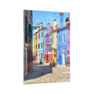 Cuadro sobre vidrio - Impresiones sobre Vidrio - Edificios coloridos en una calle estrecha en una ciudad soleada - 50x70cm - Pueblo colorido - Decoración de pared moderna para salón y dormitorio ARTTOR
