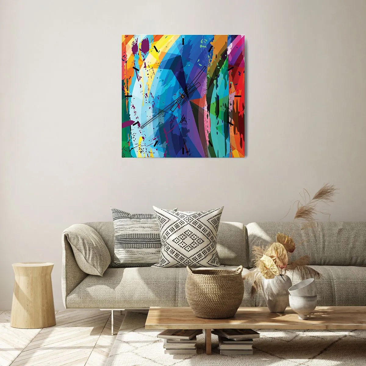 Reloj de pared - Reloj de vidrio - Abstracción colorida en patrones y formas dinámicas. - 30x30cm - Vértigo de colores - Decoración de pared moderna para salón y dormitorio ARTTOR