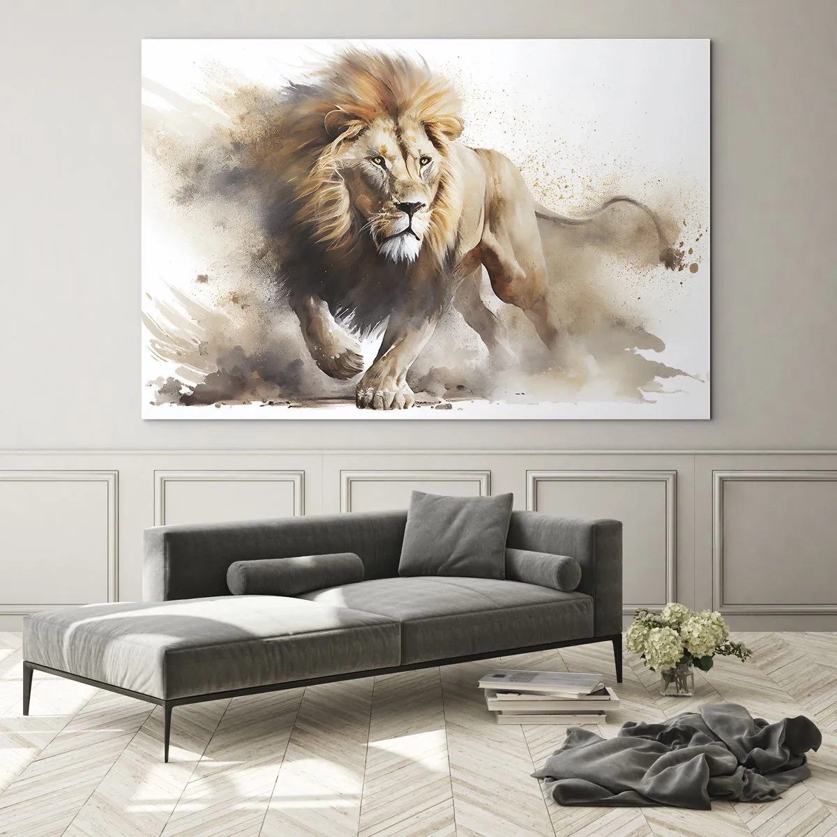 Cuadro sobre vidrio - Impresiones sobre Vidrio - Una toma dinámica en estilo acuarela de un león corriendo. - 120x80cm - El rey ha partido - Decoración de pared moderna para salón y dormitorio ARTTOR