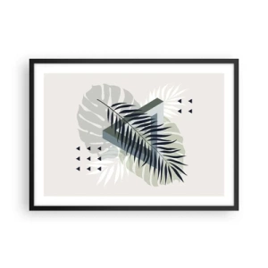 Póster en marco negro - Composición geométrica con hojas tropicales en tonos verdes. - 70x50cm - Naturaleza y geometría - Decoración de pared moderna para salón y dormitorio ARTTOR