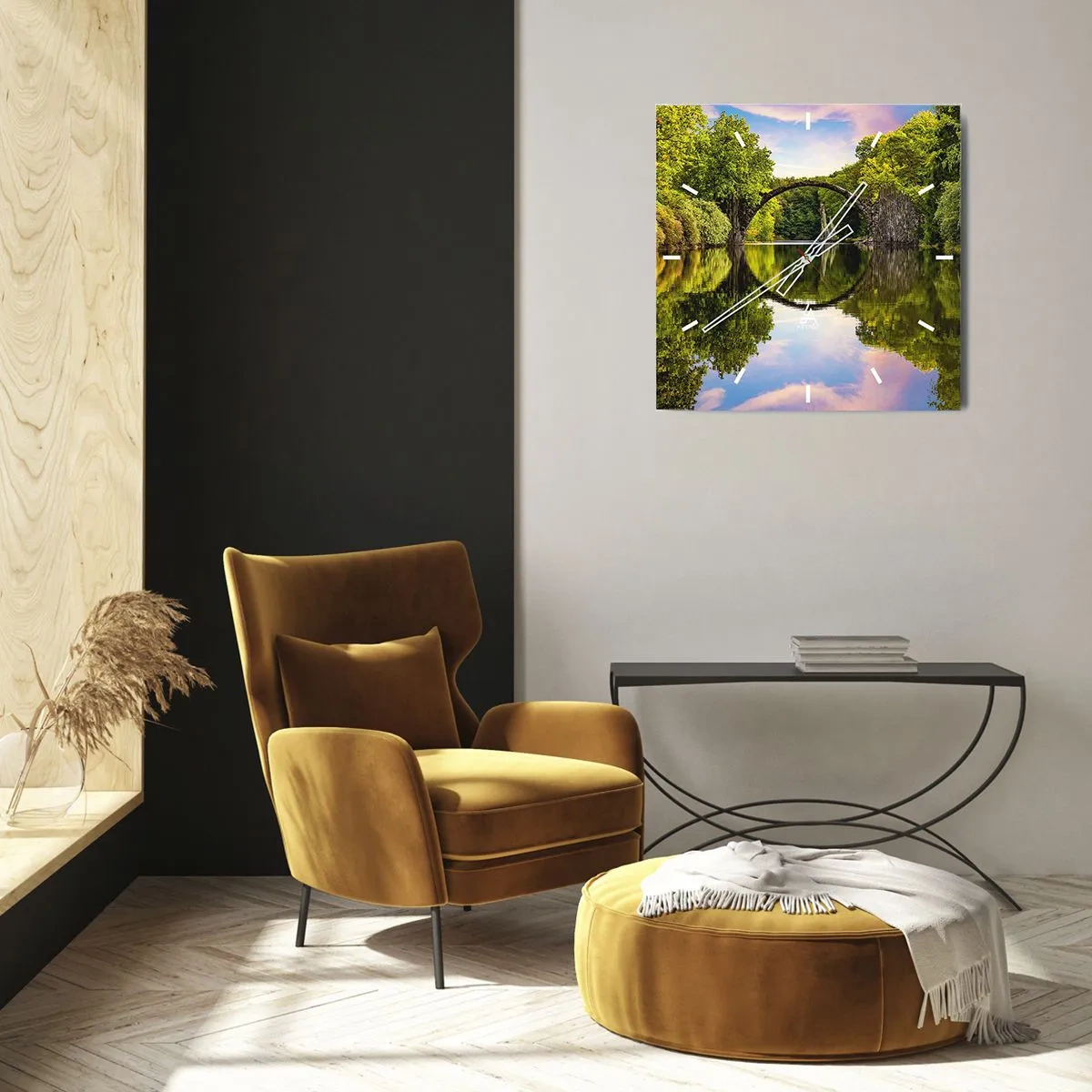 Reloj de pared - Reloj de vidrio - Un puente de piedra sobre un río con un reflejo perfecto en el agua. - 30x30cm - En el punto de encuentro de dos mundos - Decoración de pared moderna para salón y dormitorio ARTTOR
