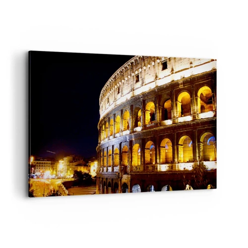Cuadro sobre lienzo - Impresión de Imagen - El Coliseo iluminado por luces por la noche en Roma - 120x80cm - Los juegos están a punto de comenzar - Decoración de pared moderna para salón y dormitorio ARTTOR