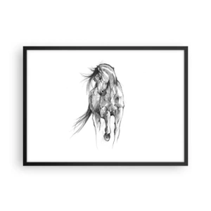 Póster en marco negro - Boceto en blanco y negro de un caballo al galope - 70x50cm - En un elegante trote - Decoración de pared moderna para salón y dormitorio ARTTOR