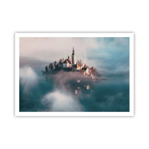 Póster - Una isla pintoresca con una iglesia rodeada de niebla. - 100x70cm - Isla de los sueños - Decoración de pared moderna para salón y dormitorio ARTTOR