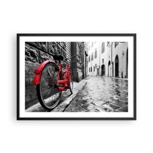 Póster en marco negro - Bicicleta roja en una calle en blanco y negro - 70x50cm - La verdadera belleza no envejece - Decoración de pared moderna para salón y dormitorio ARTTOR