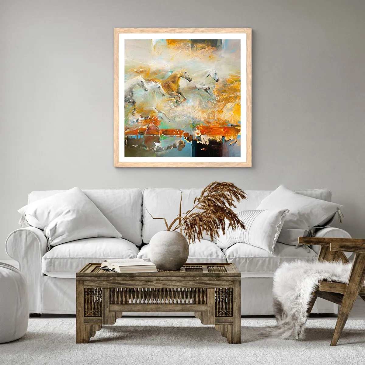 Póster en marco roble claro - Galopando a través de la luz - 30x30 cm