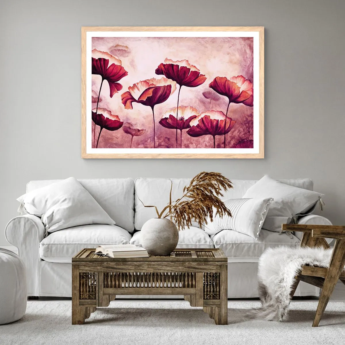 Póster en marco roble claro - Pétalo rojo y blanco - 70x50 cm