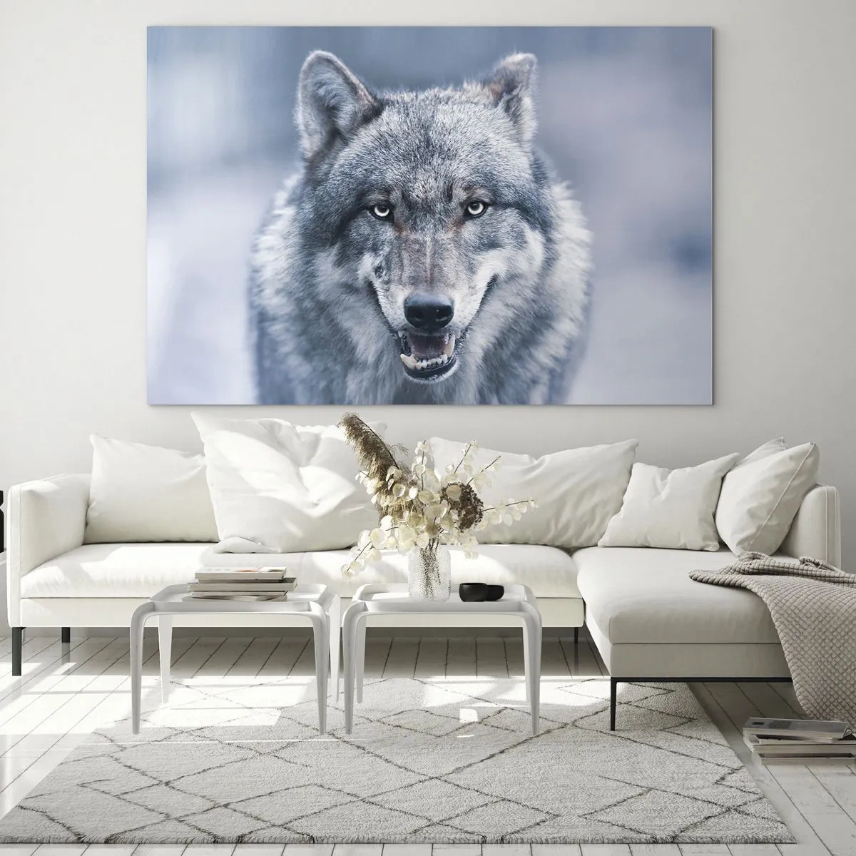 Cuadro sobre vidrio - Impresiones sobre Vidrio - Un lobo con una mirada penetrante sobre el fondo de un bosque nevado. - 100x70cm - ¿Aceptarás el reto? - Decoración de pared moderna para salón y dormitorio ARTTOR