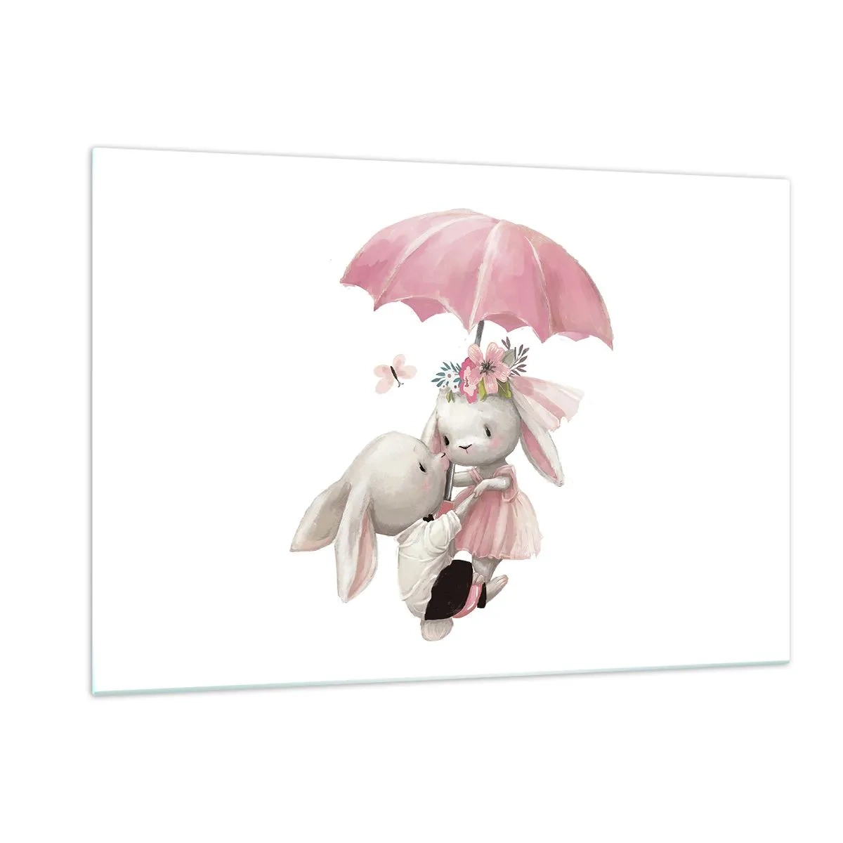 Cuadro sobre vidrio - Impresiones sobre Vidrio - Dos conejos bajo una sombrilla rosa en una escena romántica. - 120x80cm - Esto es amor - Decoración de pared moderna para salón y dormitorio ARTTOR
