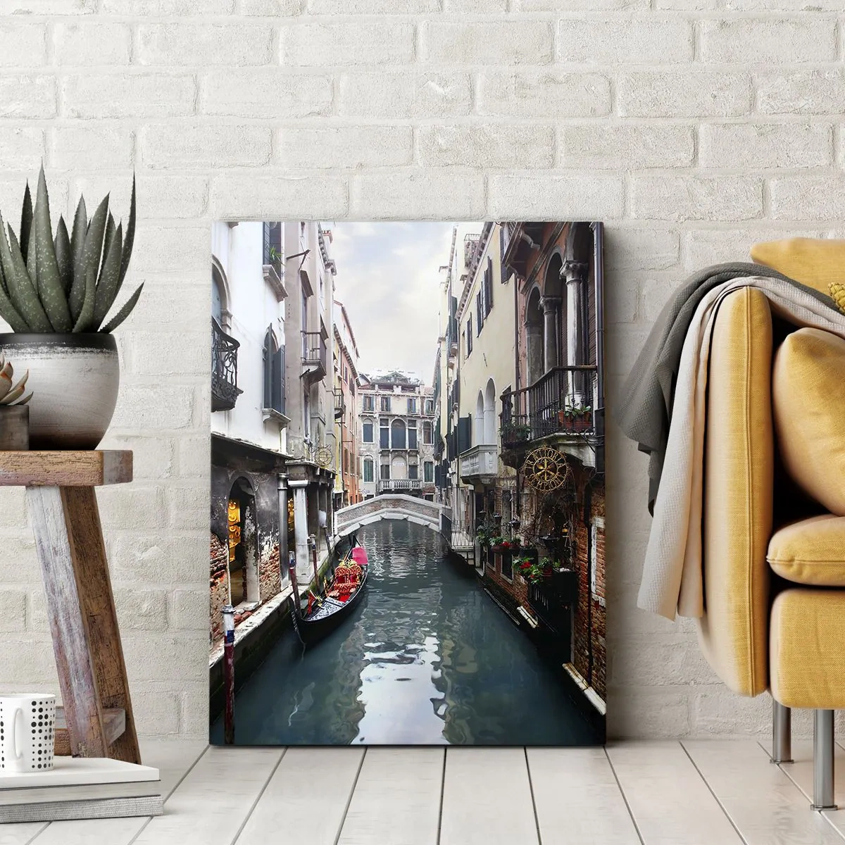 Cuadro sobre lienzo - Impresión de Imagen - Paisaje veneciano con góndola y puente - 45x80 cm