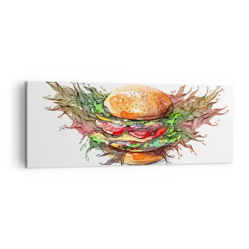Cuadro sobre lienzo - Impresión de Imagen - Ilustración artística de una hamburguesa con elementos dinámicos. - 140x50cm - Tentación irresistible - Decoración de pared moderna para salón y dormitorio ARTTOR