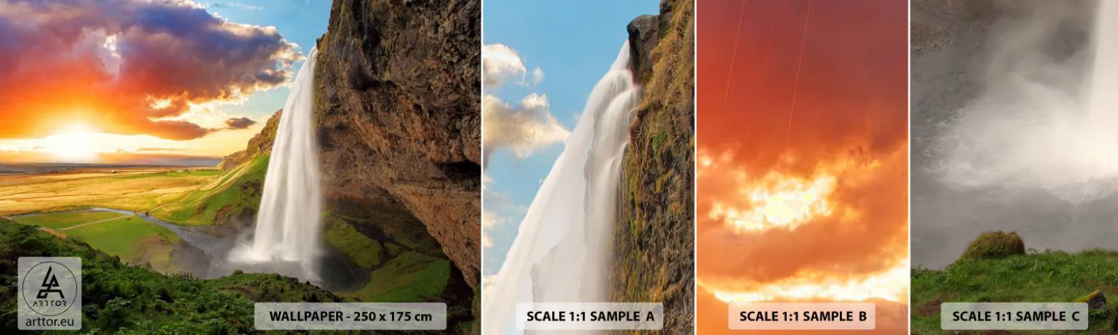 Muestra de fotomural autoadhesivo Deluxe Sticker - La plenitud del verano islandés - Paisaje, Cascada, Islandia - 100x30 cm