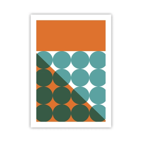 Póster - Composición geométrica abstracta con círculos en tonos naranja y verde. - 50x70cm - Hacia arriba y en diagonal - Decoración de pared moderna para salón y dormitorio ARTTOR