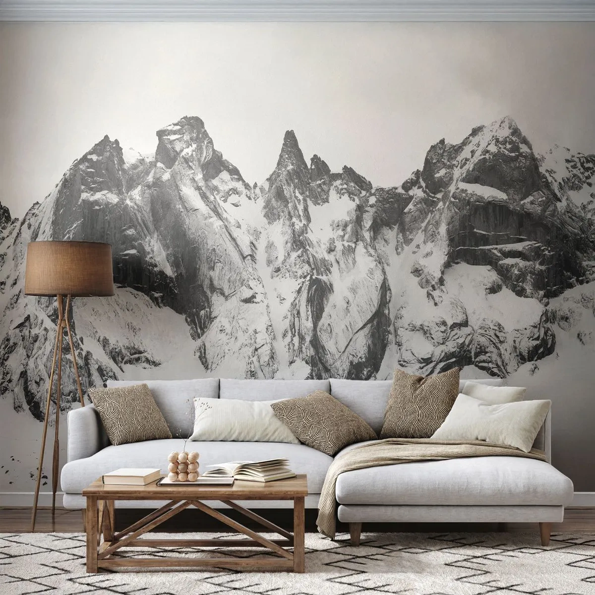 Fotomural Premium Sand - Montañas rocosas blancas y negras cubiertas de nieve - 100x70cm - Cresta amenazante - Decoración de pared moderna para salón y dormitorio ARTTOR