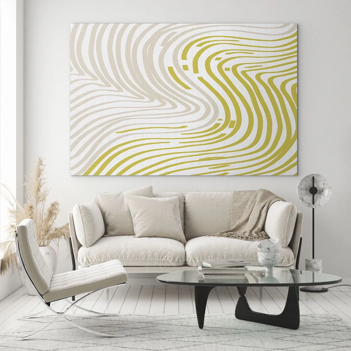 Cuadro sobre vidrio - Impresiones sobre Vidrio - Líneas orgánicas en tonos beige y lima sobre fondo blanco. - 70x50cm - Composición curvada - Decoración de pared moderna para salón y dormitorio ARTTOR