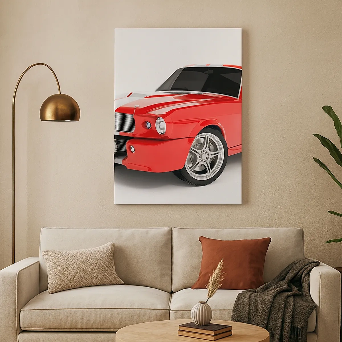 Cuadro sobre lienzo - Impresión de Imagen - Coche deportivo rojo con rayas blancas. - 50x70cm - Mustang veloz como el viento - Decoración de pared moderna para salón y dormitorio ARTTOR