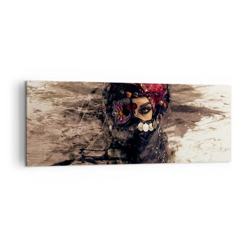 Cuadro sobre lienzo - Impresión de Imagen - Retrato artístico de una mujer con atuendo oriental sobre un fondo abstracto. - 140x50cm - Inquietante, como mínimo - Decoración de pared moderna para salón y dormitorio ARTTOR