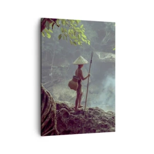 Cuadro sobre lienzo - Impresión de Imagen - Una figura con una lanza en una cascada en un bosque tropical. - 50x70cm - Amistad con la naturaleza - Decoración de pared moderna para salón y dormitorio ARTTOR