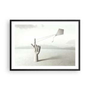 Póster en marco negro - Una mano de madera minimalista con una cometa sobre un fondo de paisaje. - 70x50cm - Una prueba de fuerza - Decoración de pared moderna para salón y dormitorio ARTTOR