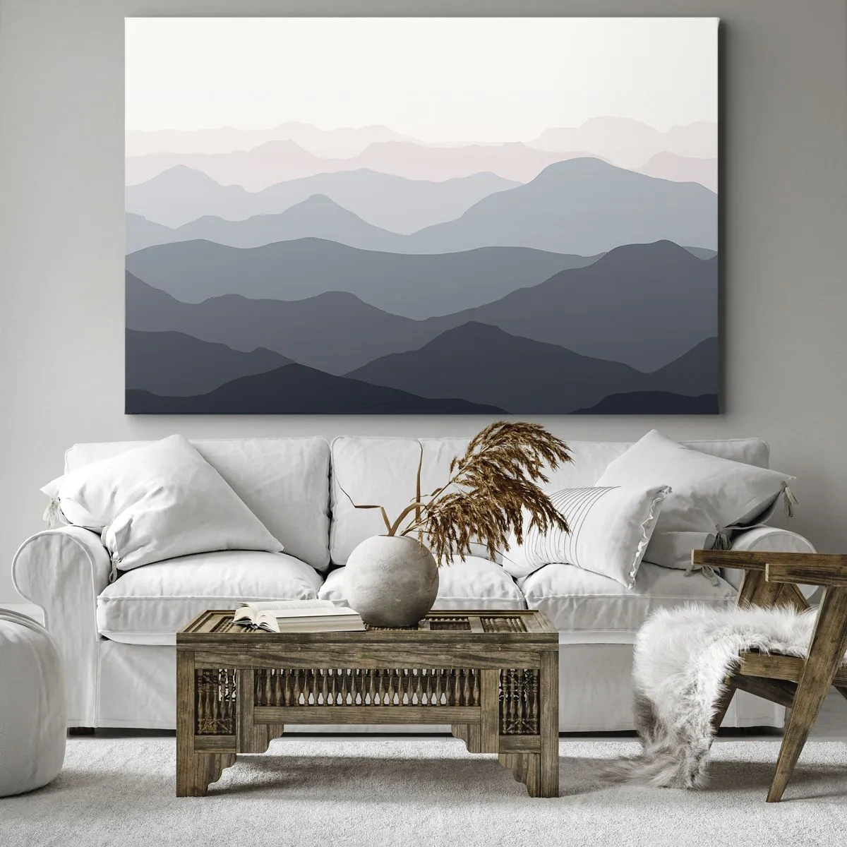 Cuadro sobre lienzo - Impresión de Imagen - Capas sutiles de montaña en tonos grises y azules. - 120x80cm - Cordilleras a la vista - Decoración de pared moderna para salón y dormitorio ARTTOR