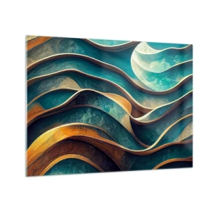 Cuadro sobre vidrio - Impresiones sobre Vidrio - Líneas dinámicas en azul y cobre que crean ondas. - 70x50cm - Meandros de azul - Decoración de pared moderna para salón y dormitorio ARTTOR