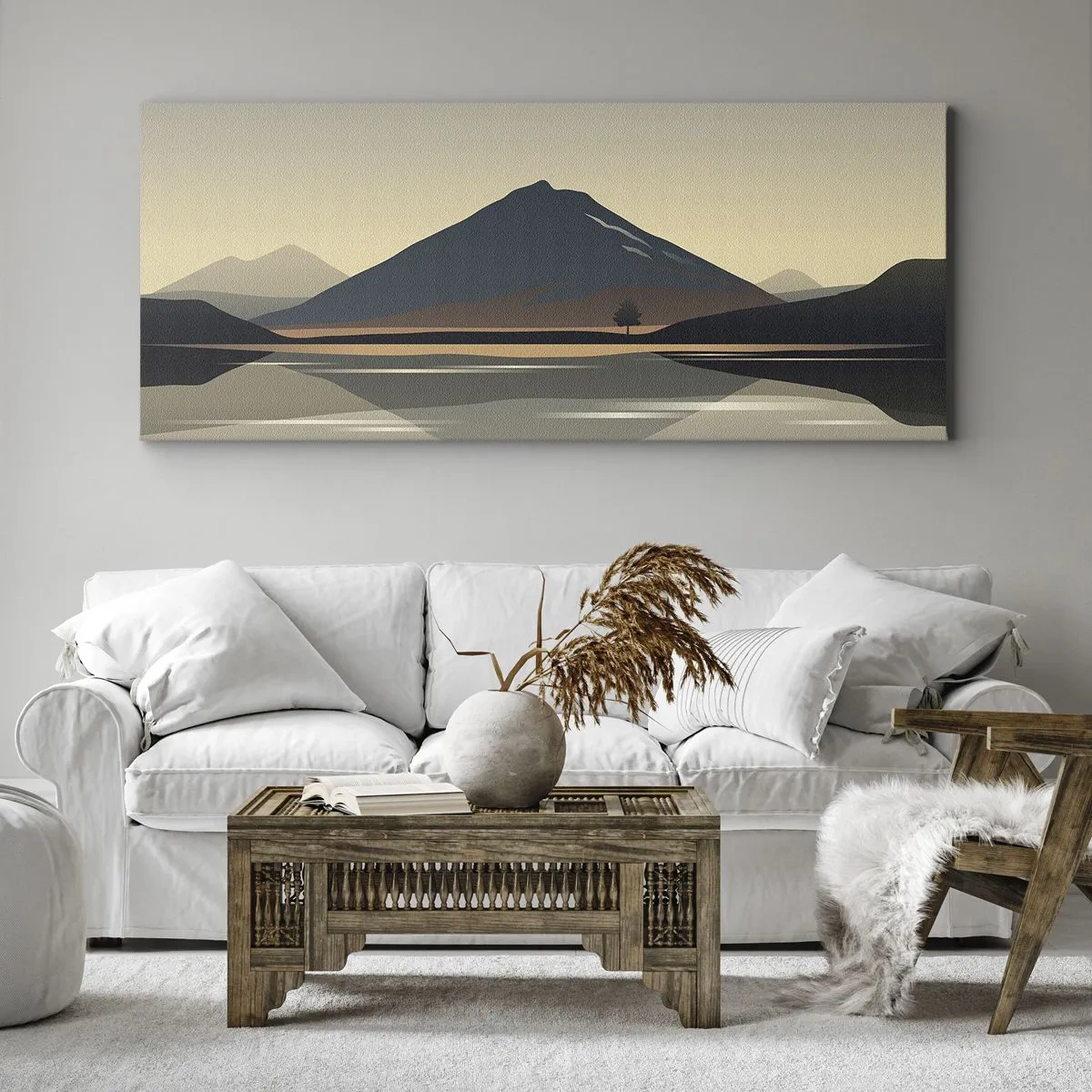 Cuadro sobre lienzo - Impresión de Imagen - Paisaje de montaña minimalista con reflejo en el agua. - 120x50cm - Reflejo de espejo - Decoración de pared moderna para salón y dormitorio ARTTOR