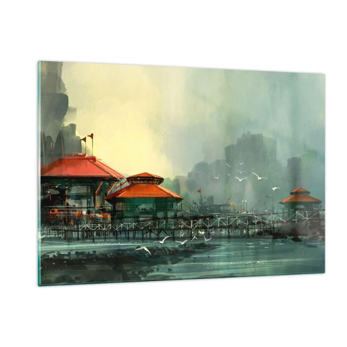 Cuadro sobre vidrio - Impresiones sobre Vidrio - Edificios portuarios con tejados rojos contra la niebla - 120x80cm - Un día soleado en el puerto - Decoración de pared moderna para salón y dormitorio ARTTOR