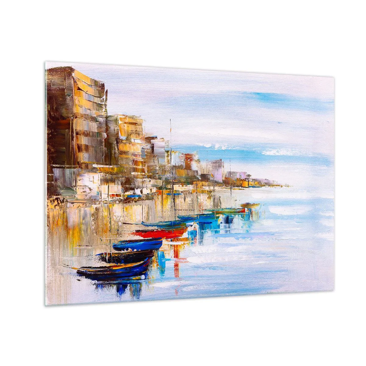 Cuadro sobre vidrio - Impresiones sobre Vidrio - Barcos coloridos amarrados en el muelle de la ciudad - 70x50cm - Puerto urbano multicolor - Decoración de pared moderna para salón y dormitorio ARTTOR