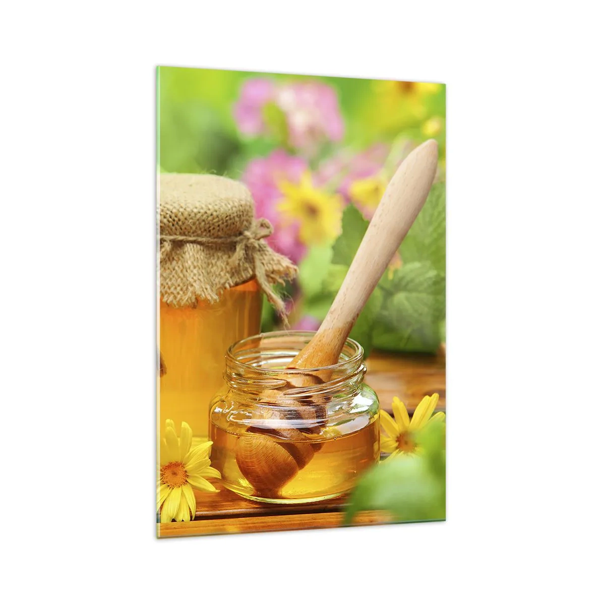 Cuadro sobre vidrio - Impresiones sobre Vidrio - Tarros de miel con flores sobre el fondo de un jardín de verano. - 70x100cm - Dulce y floral - Decoración de pared moderna para salón y dormitorio ARTTOR