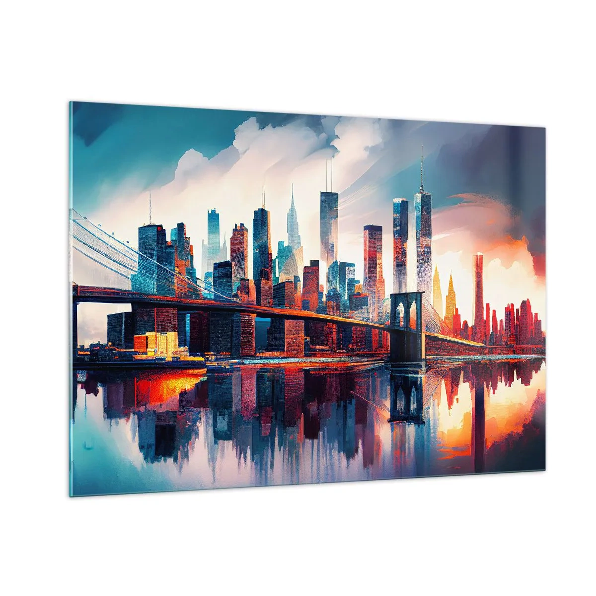 Cuadro sobre vidrio - Impresiones sobre Vidrio - Panorama de la ciudad con un puente contra el cielo colorido y reflejo en el agua. - 100x70cm - Nueva York siempre luce - Decoración de pared moderna para salón y dormitorio ARTTOR