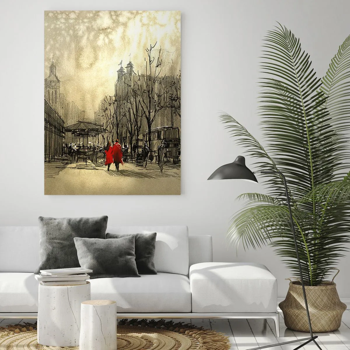 Cuadro sobre vidrio - Impresiones sobre Vidrio - Una figura roja en un entorno urbano nostálgico - 70x100cm - Cita en la niebla de Londres - Decoración de pared moderna para salón y dormitorio ARTTOR