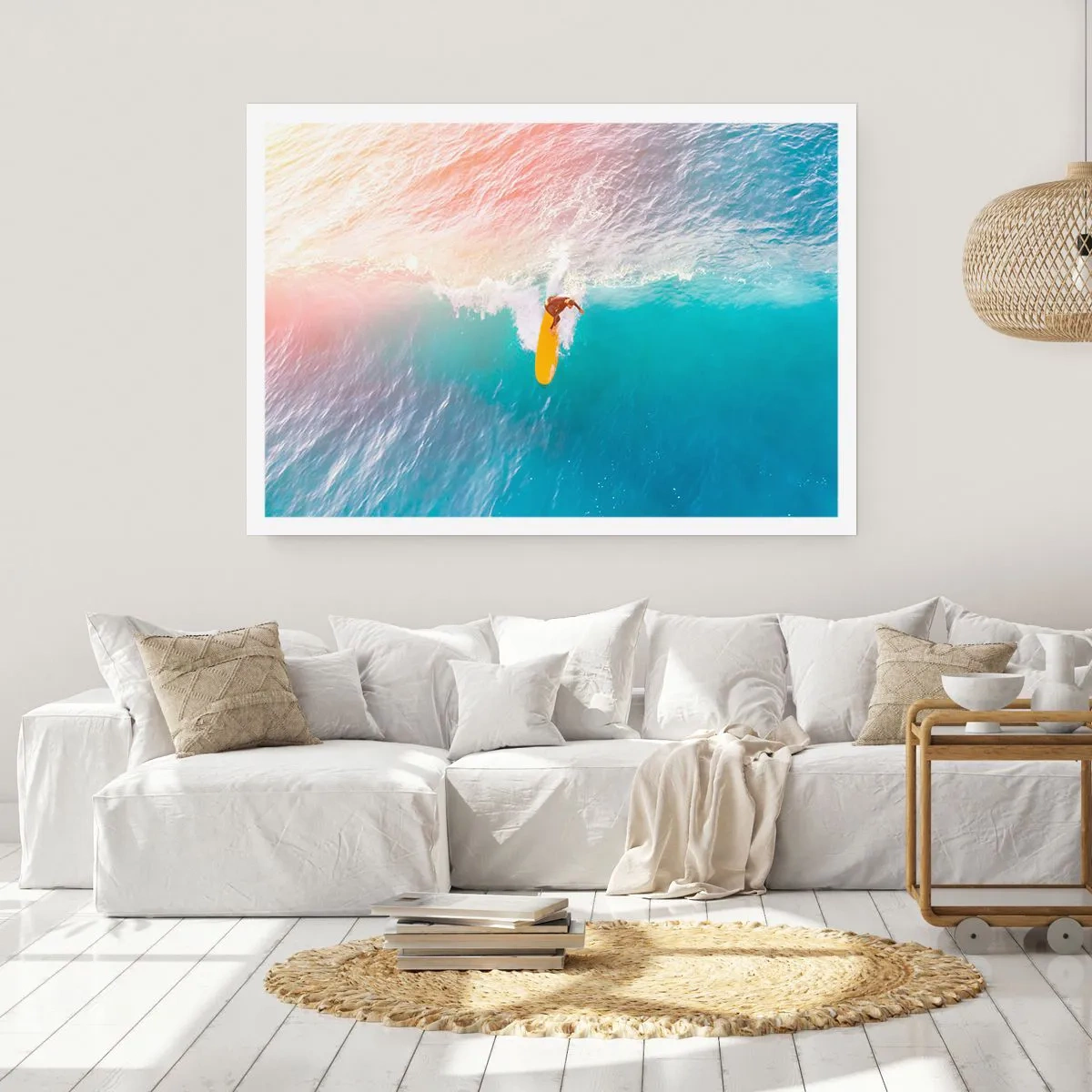 Póster - Surfista en una ola en colores pastel - 100x70cm - Jinete del océano - Decoración de pared moderna para salón y dormitorio ARTTOR