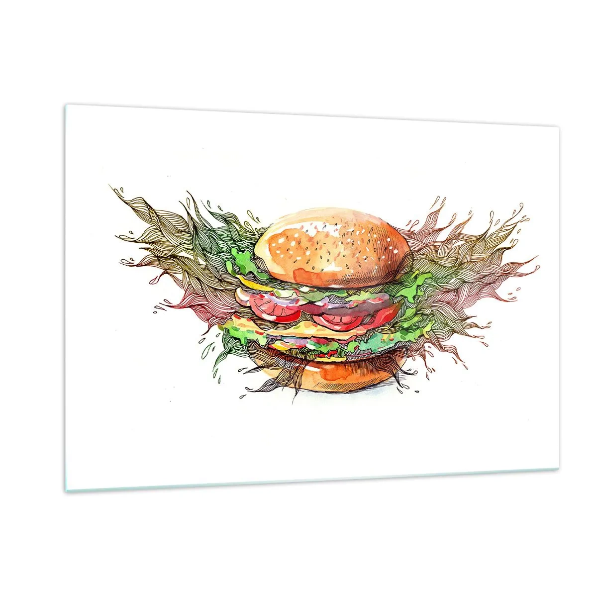 Cuadro sobre vidrio - Impresiones sobre Vidrio - Dibujo artístico de una hamburguesa con detalles en acuarela. - 120x80cm - Tentación irresistible - Decoración de pared moderna para salón y dormitorio ARTTOR
