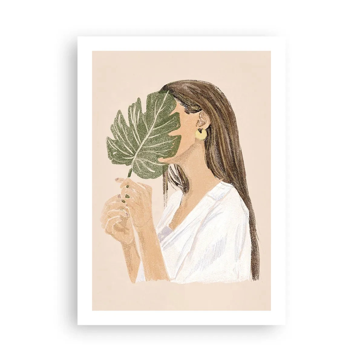 Póster - Una mujer cubriéndose la cara con una hoja de monstera. - 50x70cm - Retrato misterioso con un abanico - Decoración de pared moderna para salón y dormitorio ARTTOR