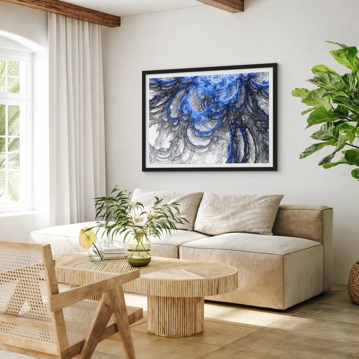 Póster en marco negro - Ondas abstractas en tonos azules y grises - 70x50cm - El nacimiento de una ola - Decoración de pared moderna para salón y dormitorio ARTTOR
