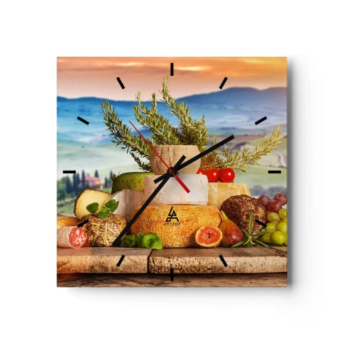Reloj de pared - Reloj de vidrio - Una composición de quesos y frutas con el paisaje toscano como telón de fondo. - 30x30cm - La alegría de vivir italiana - Decoración de pared moderna para salón y dormitorio ARTTOR