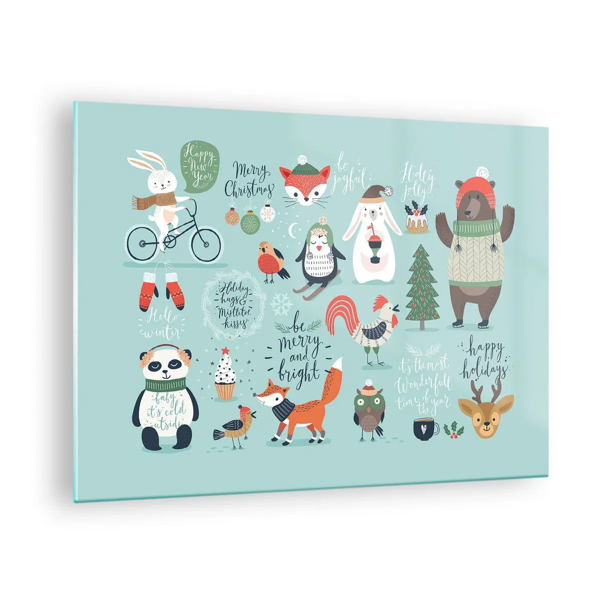 Cuadro sobre vidrio - Impresiones sobre Vidrio - Ilustraciones de animales navideños sobre un fondo pastel - 70x50cm - ¡Que siempre sea Navidad! - Decoración de pared moderna para salón y dormitorio ARTTOR