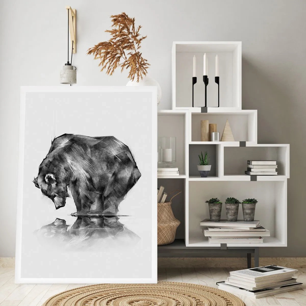 Póster - Imagen geométrica de un oso junto al agua. - 50x70cm - Es bueno ver a alguien cercano - Decoración de pared moderna para salón y dormitorio ARTTOR