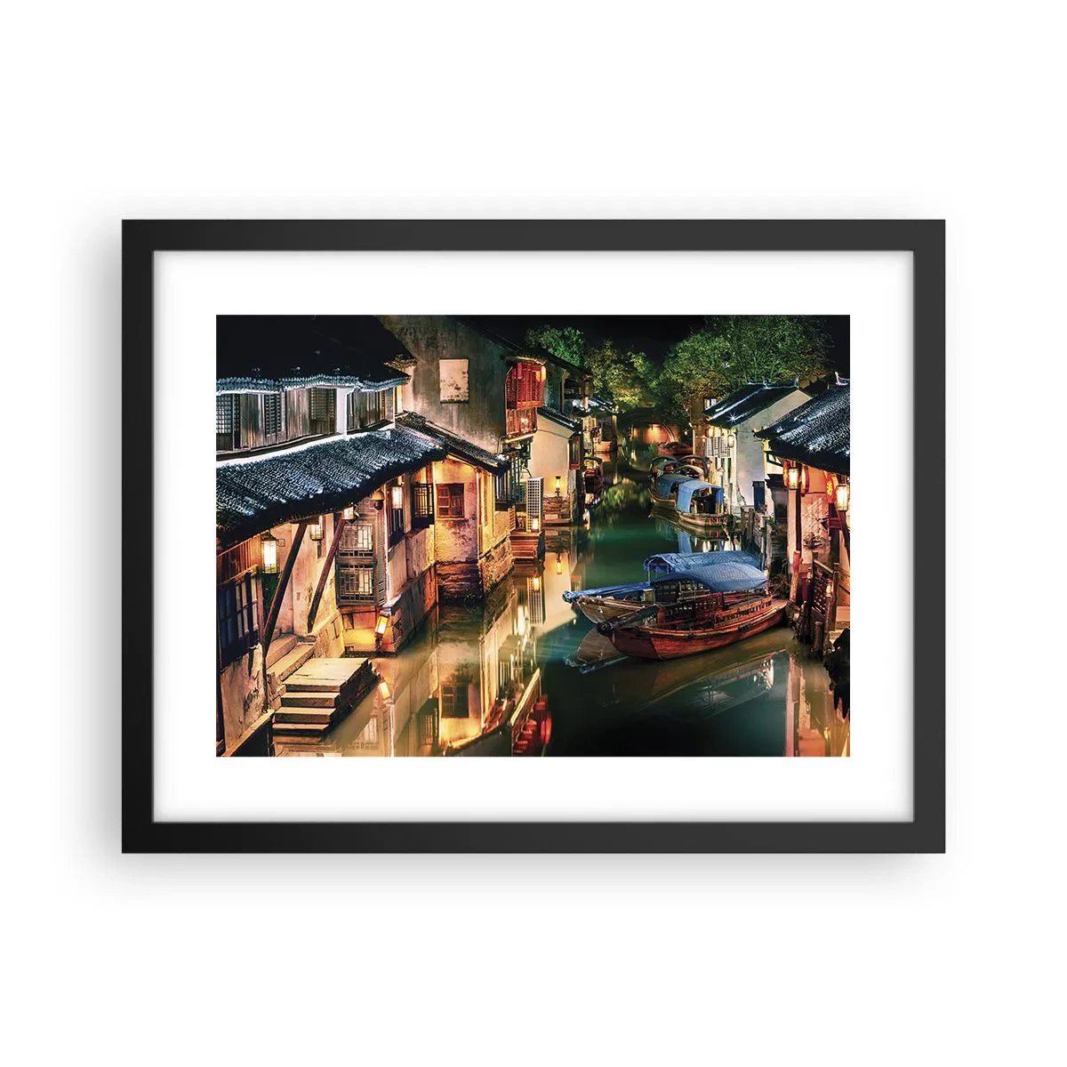 Póster en marco negro - Noche en una calle china - 40x30 cm