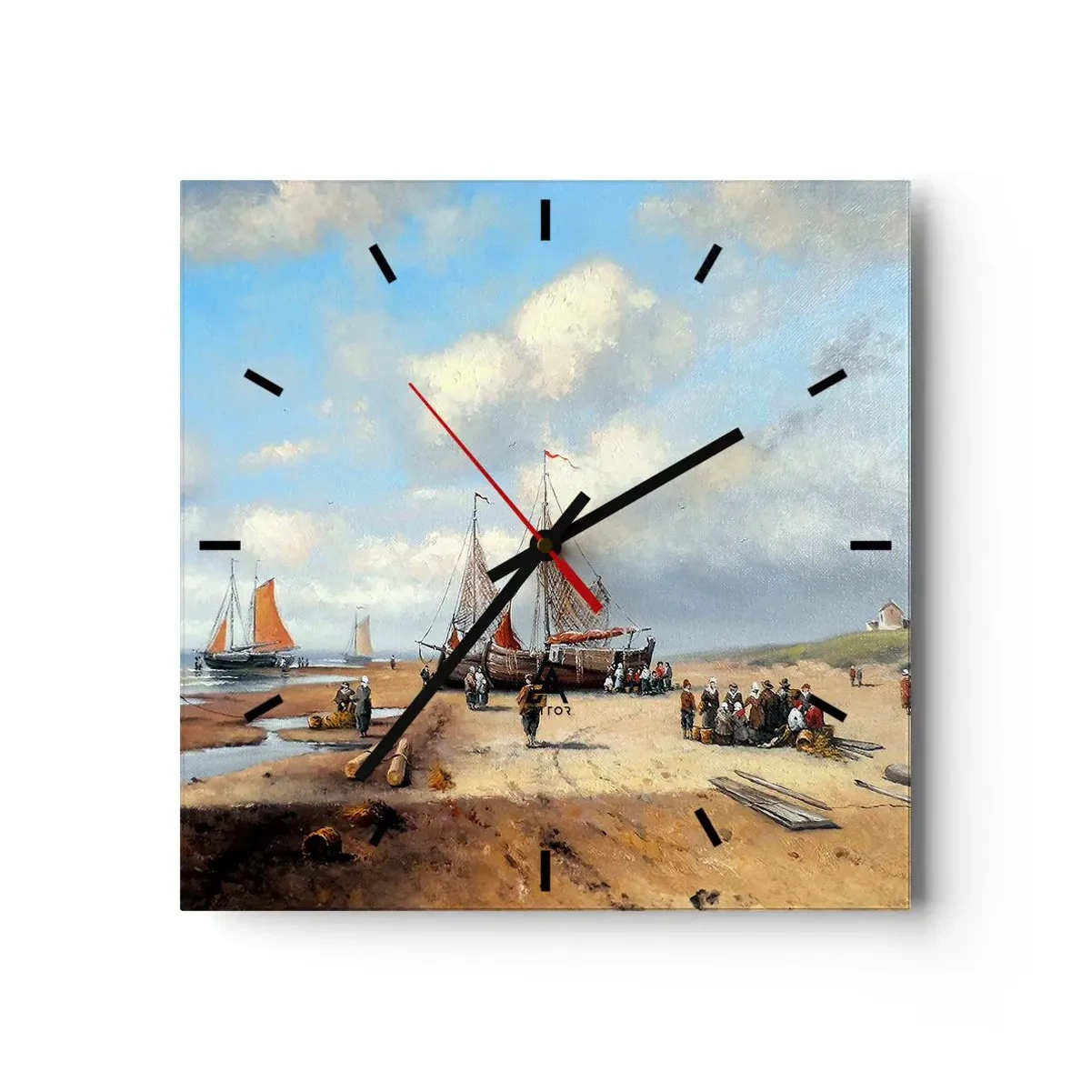 Reloj de pared - Reloj de vidrio - Barcos de pesca en la playa con figuras humanas - 30x30cm - Después de una pesca exitosa - Decoración de pared moderna para salón y dormitorio ARTTOR