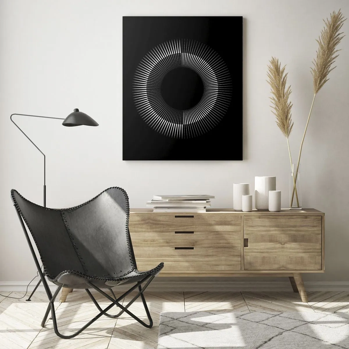 Cuadro sobre vidrio - Impresiones sobre Vidrio - Círculo gráfico con rayos en blanco y negro - 80x120cm - Sol negro - Decoración de pared moderna para salón y dormitorio ARTTOR