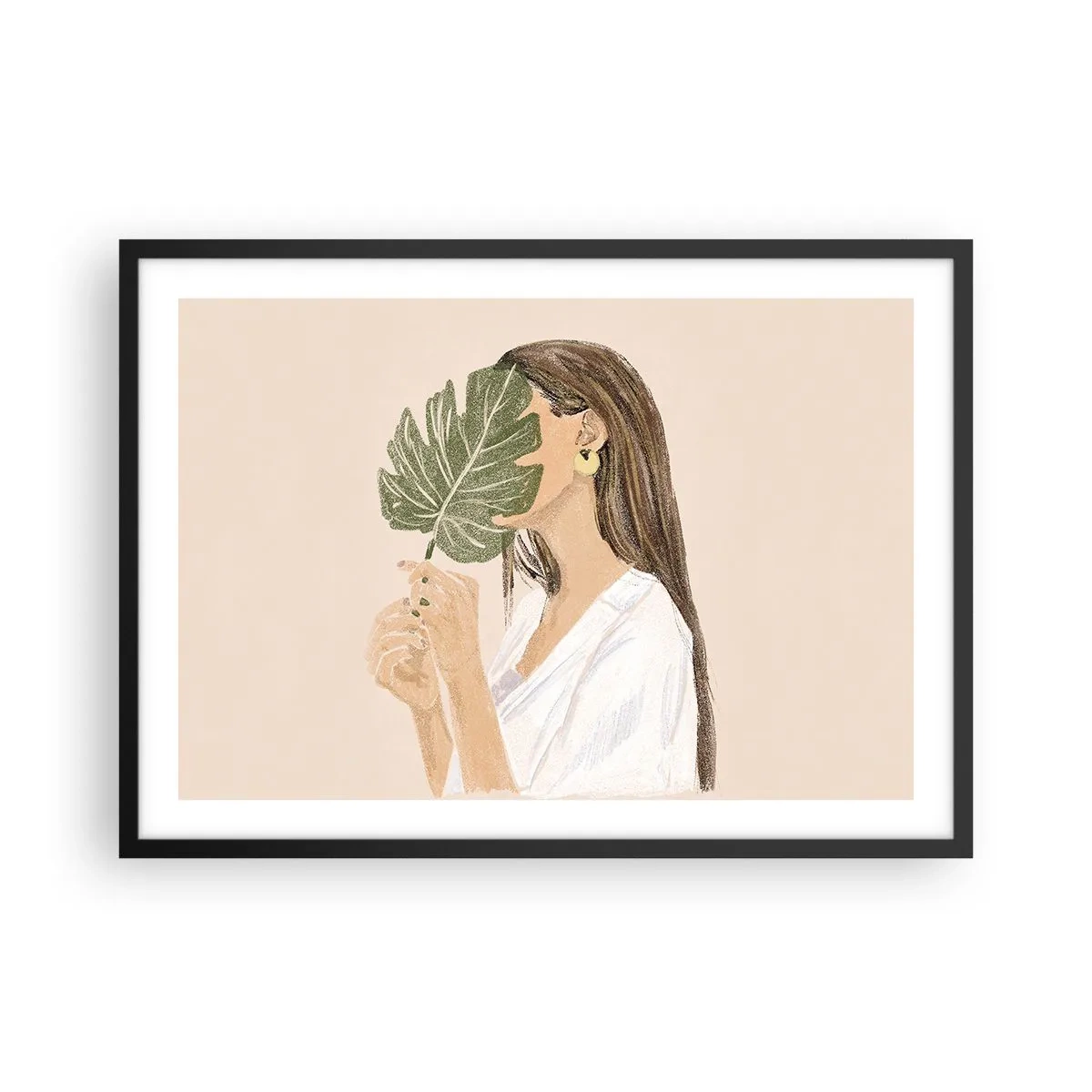 Póster en marco negro - Retrato de una mujer con una hoja de monstera sobre un fondo beige. - 70x50cm - Retrato misterioso con un abanico - Decoración de pared moderna para salón y dormitorio ARTTOR