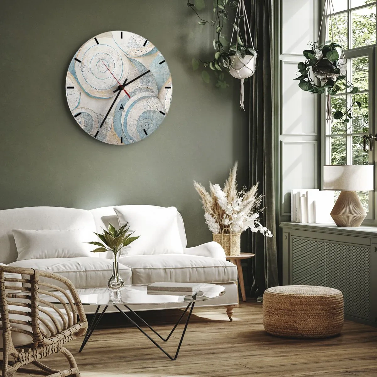 Reloj de pared - Reloj de vidrio - Espirales artísticas estilo concha marina en tonos azul y beige. - 30x30cm - ¿Qué esconden en su interior? - Decoración de pared moderna para salón, cocina y dormitorio ARTTOR