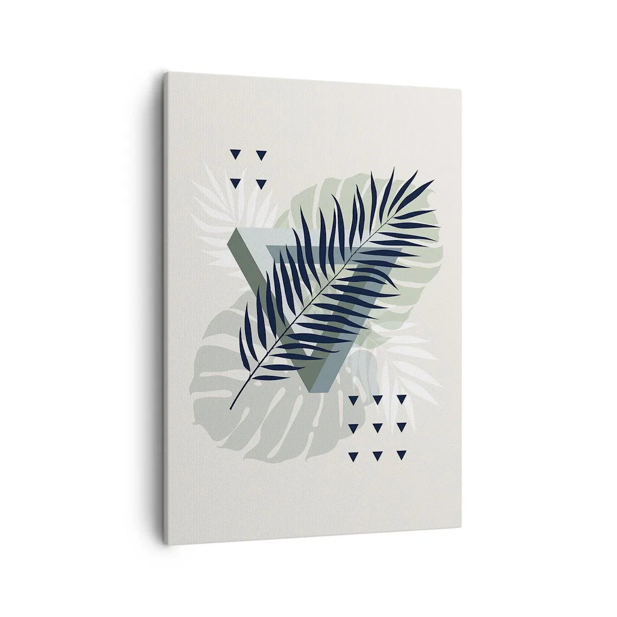 Cuadro sobre lienzo - Impresión de Imagen - Composición geométrica con hojas tropicales en tonos verdes. - 50x70cm - Naturaleza y geometría - Decoración de pared moderna para salón y dormitorio ARTTOR